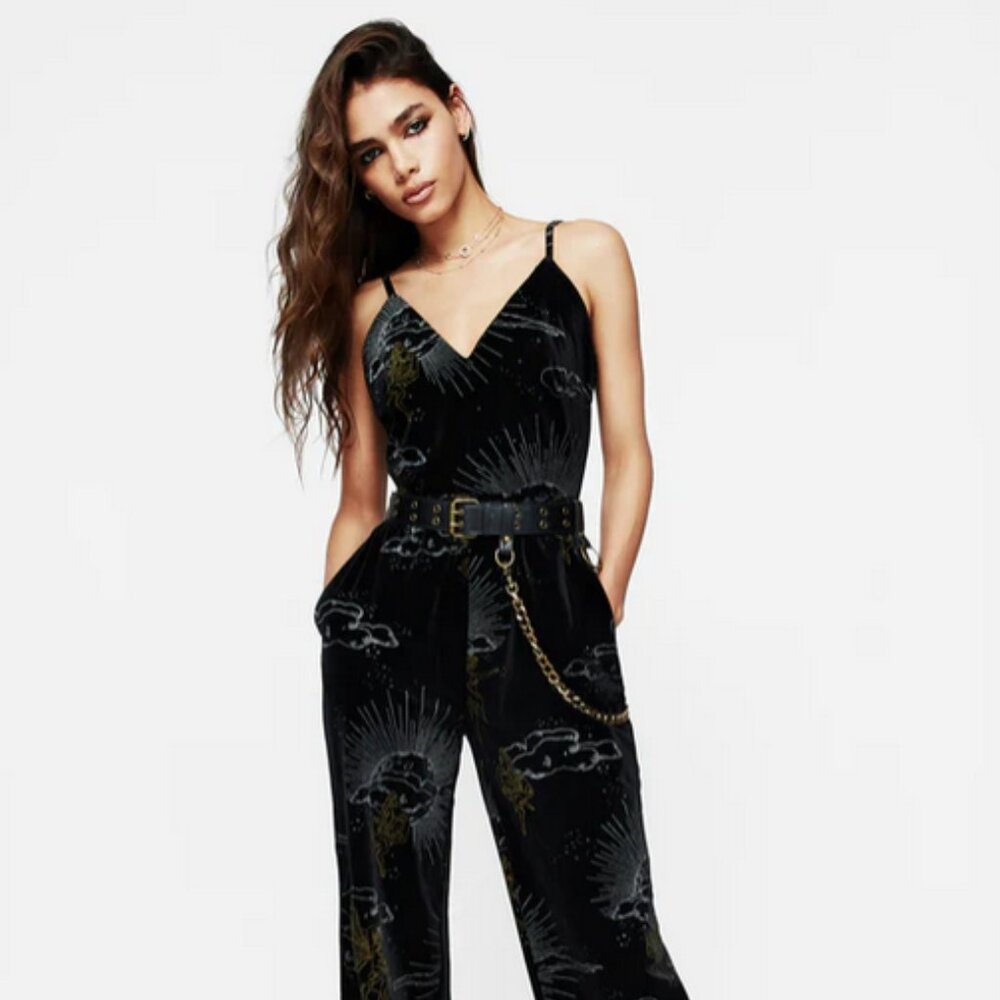 NWT Disturbia Women's Adelina Velour Cami Jumpsuit US 2 Black Gothic Vibe